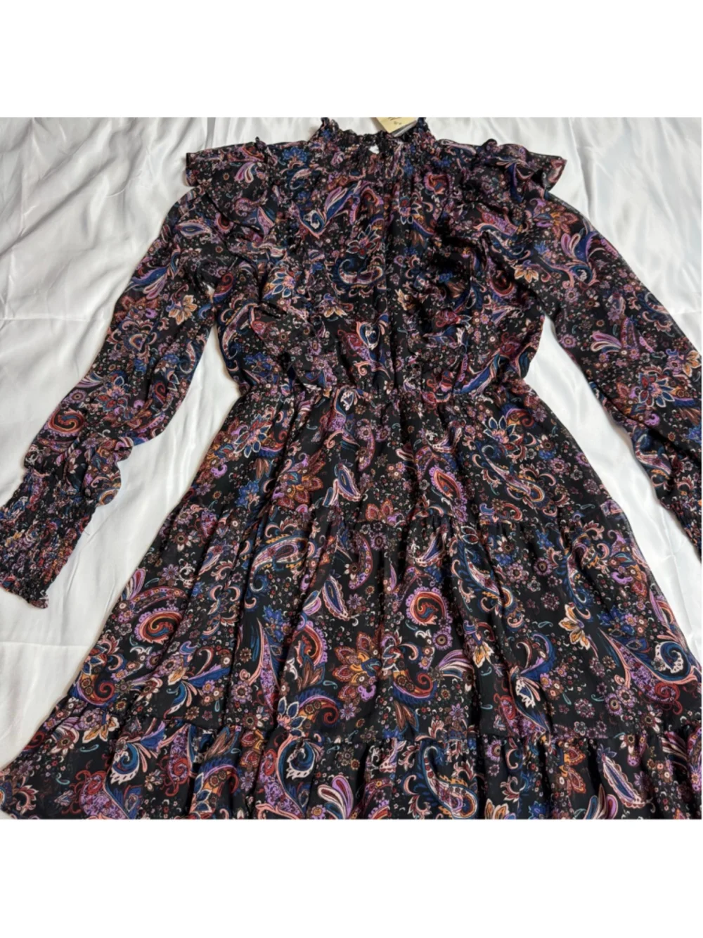 Women's Fate Black Multi-color Paisley Smocked Ruffle Long Sleeve Dress S